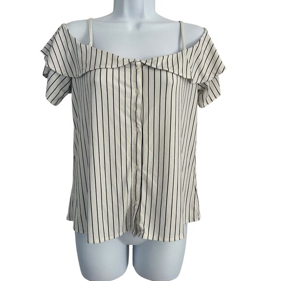 Banana Republic White Black Stripe Off Shoulder Button Up Top Size Small - Picture 1 of 7